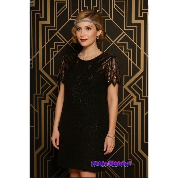 Stenay Dress Vintage 80s 20s Gatsby Dynasty Black Sequin Beaded Flapper Mob Wife - Picture 1 of 16